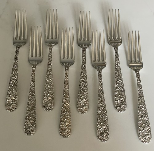Set Of 8 Sterling S KIRK & SON 7 7/8" Dinner Size Forks REPOUSSE ~No MONO Rare ! - Picture 3 of 9