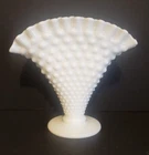 Fenton Vase White Milk Glass Hobnail Crimped Footed Fan Vase Ruffled  Edge 5 5/8