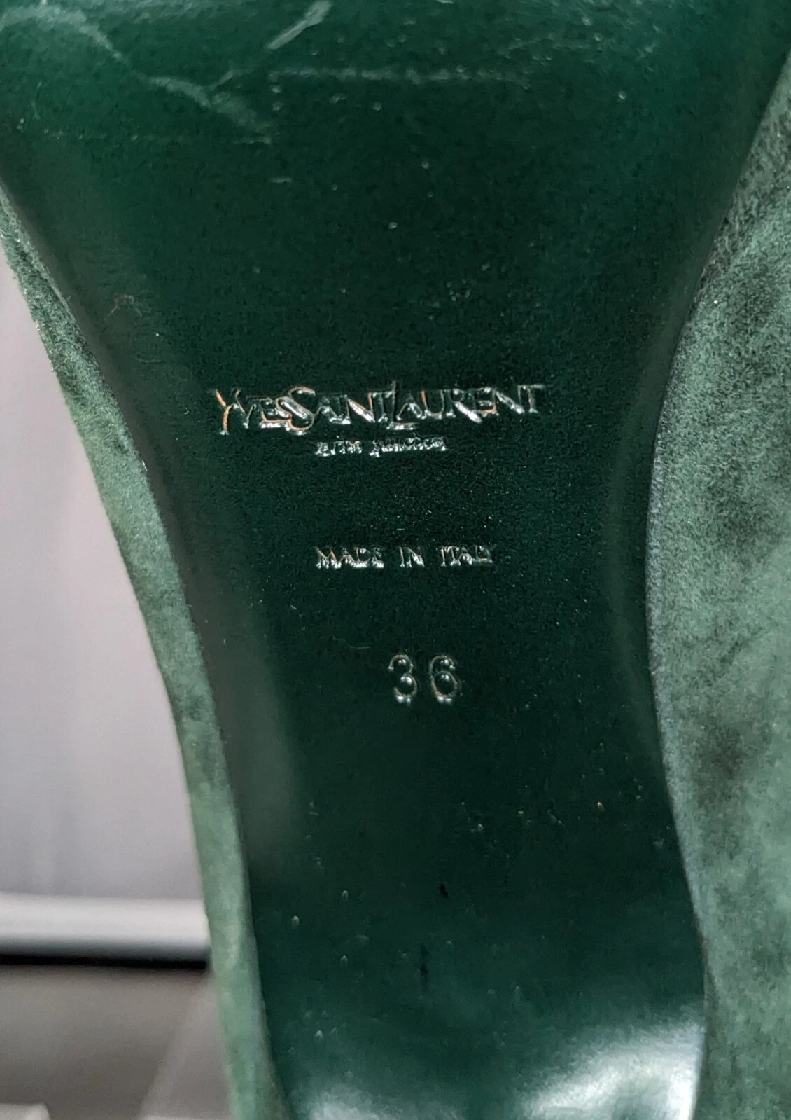 SAINT LAURENT (YSL) Scarpe decolte donna Yves St. Laurent Hunter verde scamosciato plateau tacco 4" misura 6