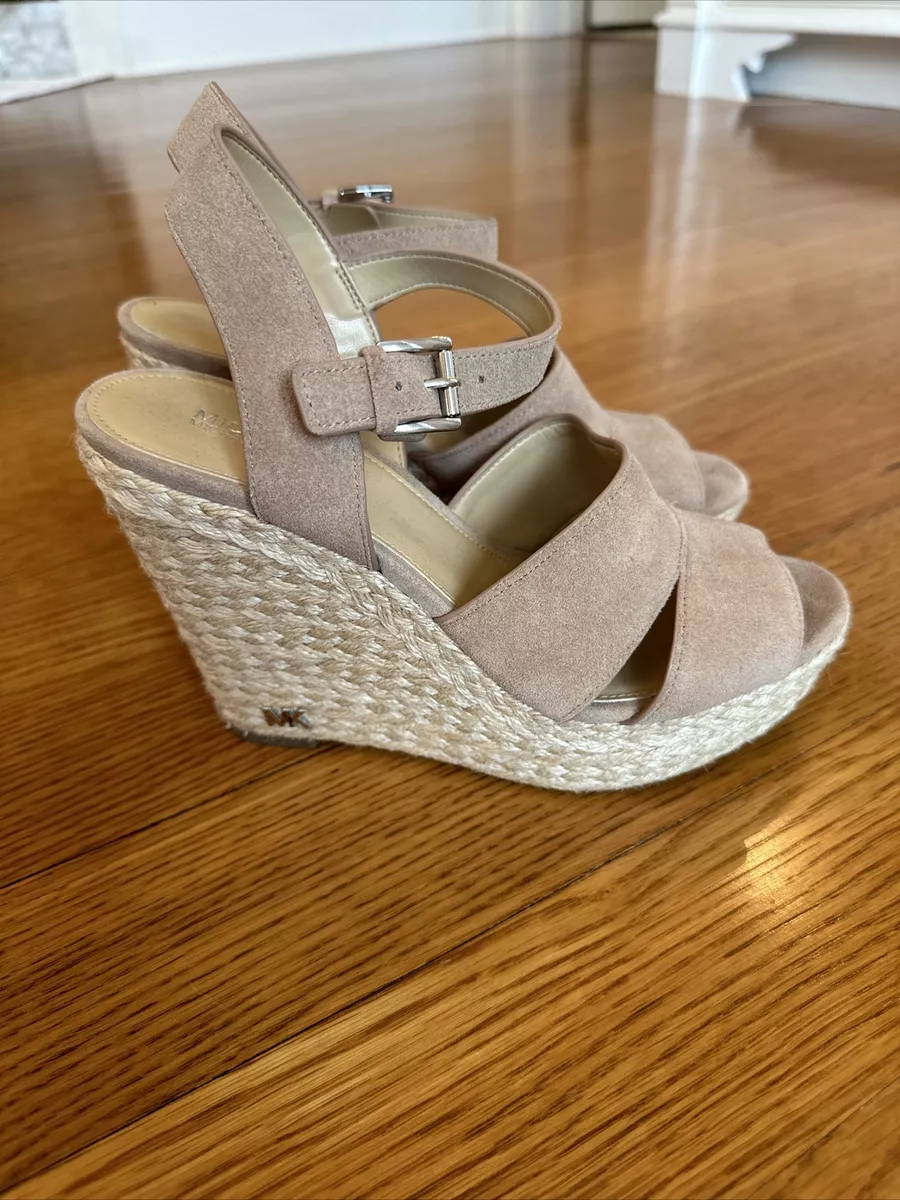 MICHAEL KORS Platform Wedge Sandal Beige Tan Suede Leather-Sz 7