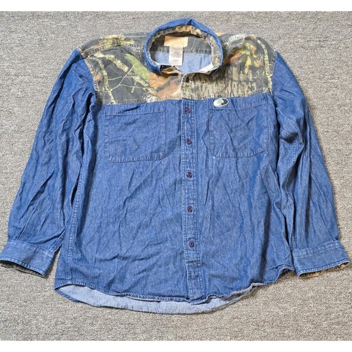 Mossy Oak Denim Shirt Camo Long Sleeve Button Up Mens L Hunting