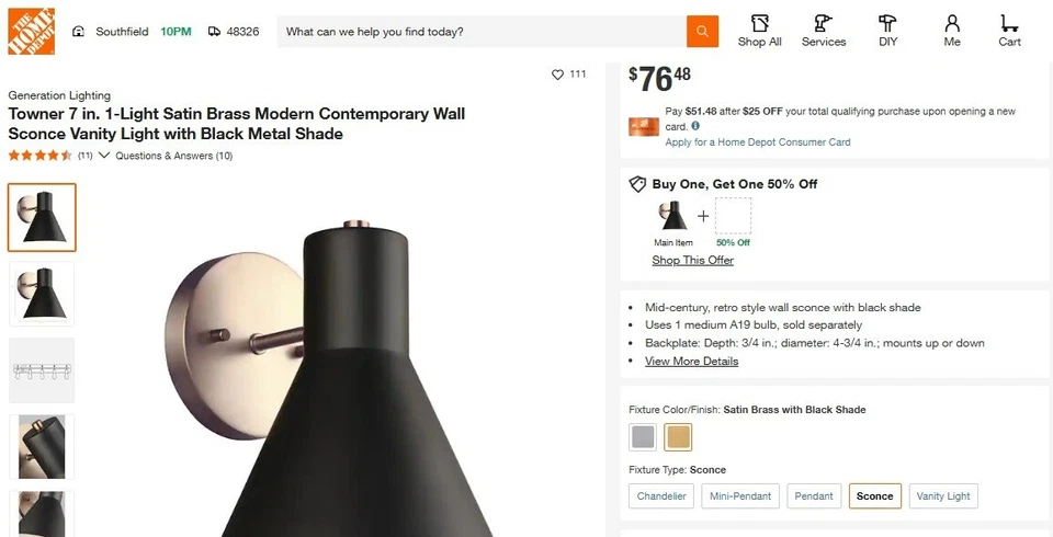 GENERACIÓN LIGHTNING TOWNER PARED BAÑO APLIQUE TOCADOR NEGRO LATÓN SATINADO Foto 3 de 4