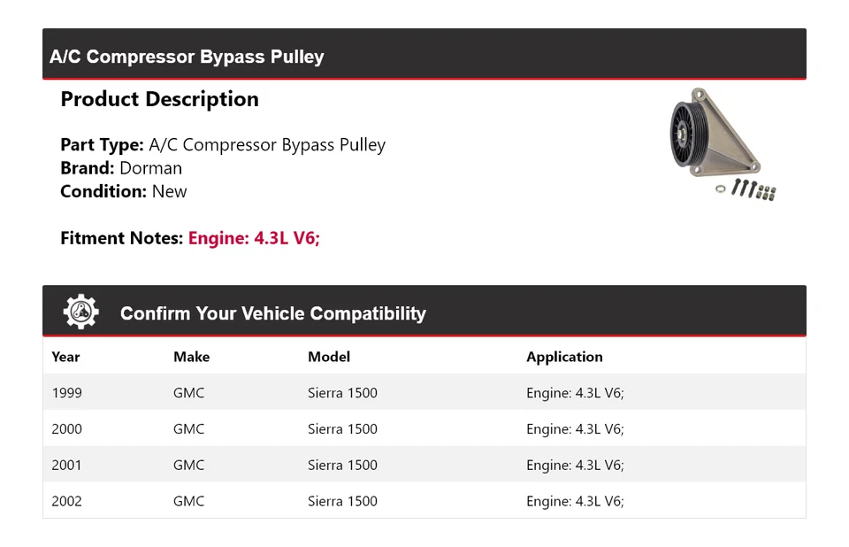 适用于 1999 - 2002 年 GMC Sierra 1500 4.3L V6 Dorman 空调压缩机旁路滑轮 2000 — 第 2/4 张图片