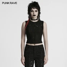 Punk Rave Women Black Gothic Punk Tattered Irregular Ring Vest Slim Fit Tops