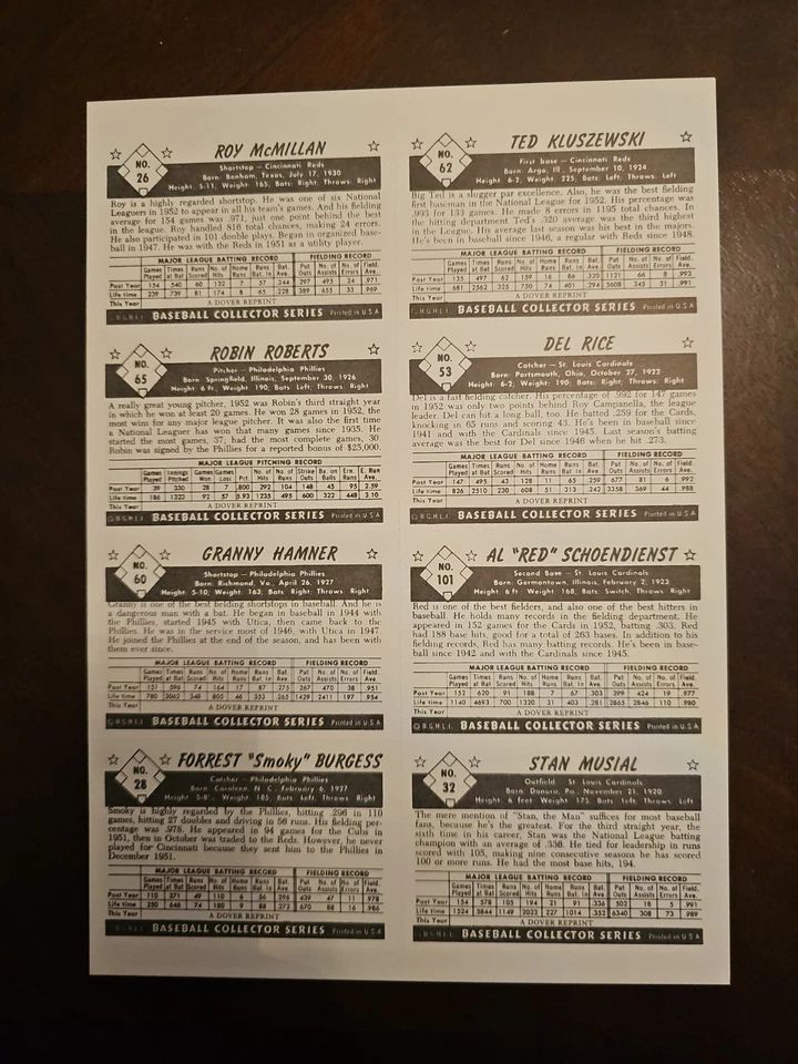 SERIE COLECCIÓN BÉISBOL B.G.H.L.I DOVER REIMPRESIÓN HOJA DE TARJETA DE BÉISBOL SIN CORTAR Foto 2 de 3