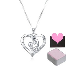 925 Sterling Silver Mother and Child Love Heart Pendant Necklace for Mom