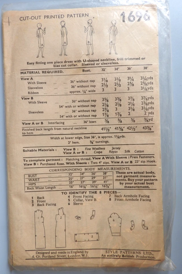 Style Print 1696 sewing pattern Dress with U-shaped neck Size 16 Bust 38 SEALED - Image 2 of 2