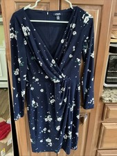 Chaps Womens Blue White Floral V Neck Long Sleeve Faux Wrap Dress Sz S NWT