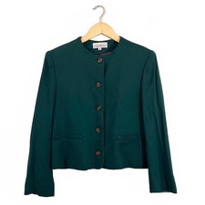 Vintage 80  s Green Wool Collarless Button Blazer Retro Career Classic
