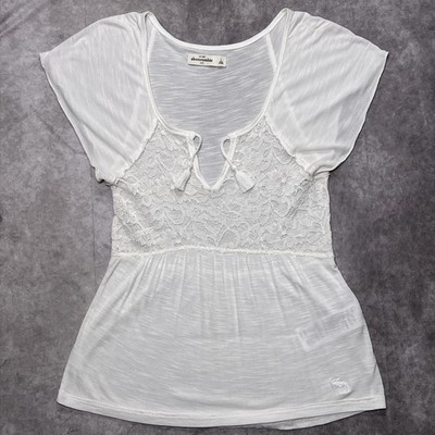Vintage Abercrombie Kids Blouse Girls Large White Lace Tunic Tassel V-Neck Y2K