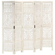 Room Divider 5-Panel Hand Carved White Mango Wood MDF 200x165 cm Screen Folding