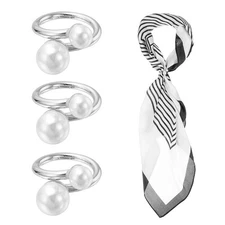 Silk Scarf Ring Clip, 3Pcs Double Pearls Scarves Pin, Silver Tone