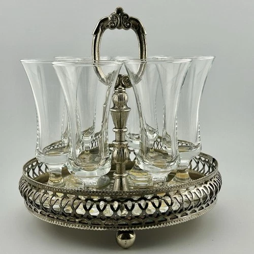 English Crystal Cordial Set w/ Silverplate Pierced Caddy 6 Glasses 1960s VTG