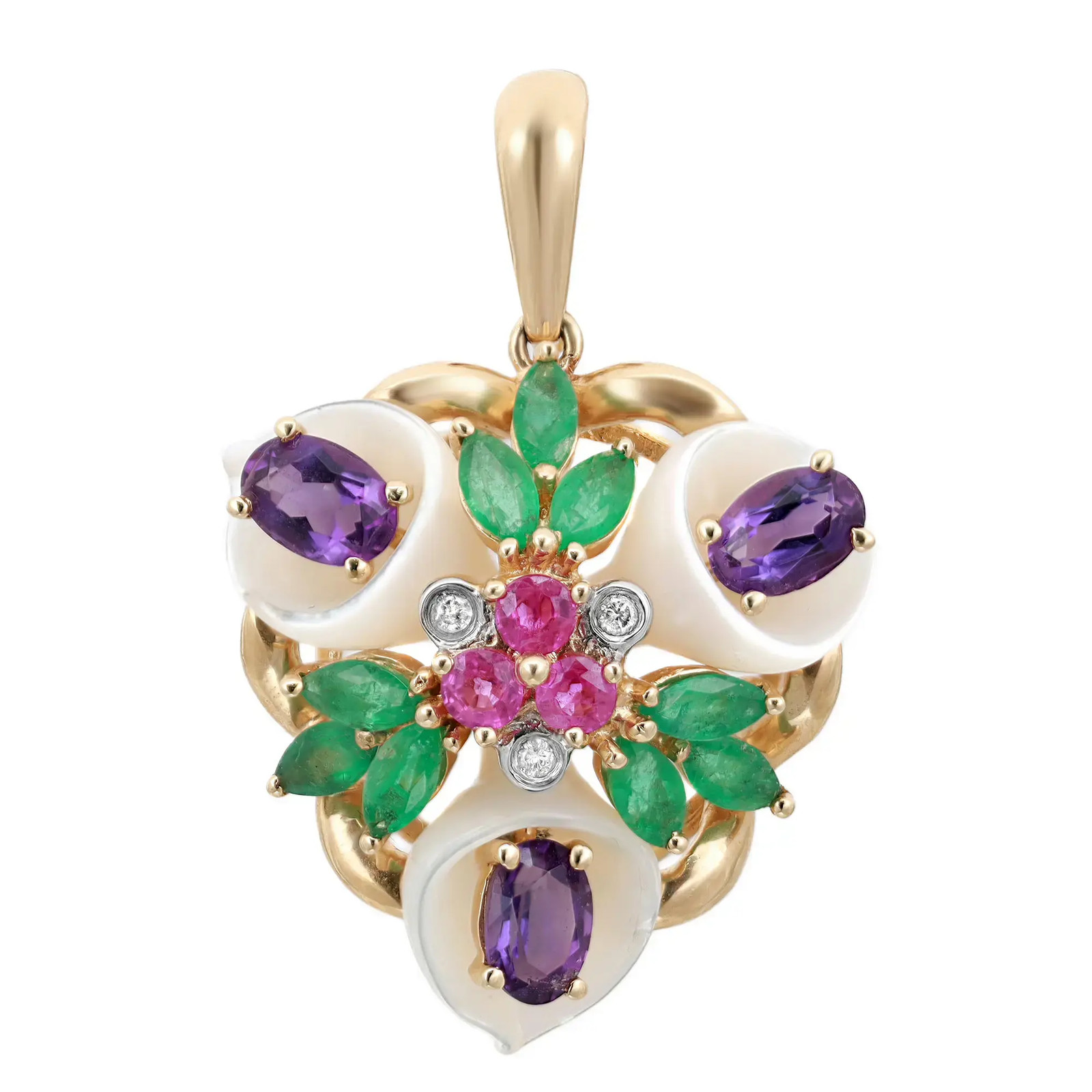 Emerald Amethyst Ruby Diamond MOP Floral Pendant 14K Yellow Gold