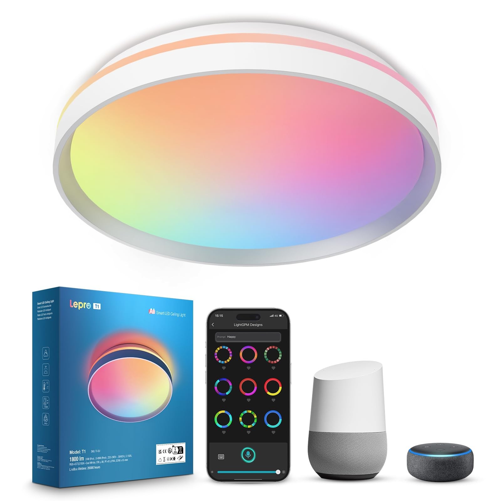 Plafonnier LED connecté T1 avec IA pour ambiance personnalisée