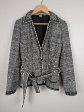 Ann Taylor Tweed Jacket Blazer Sz 6 Black Gray Belted Fine Italian Fabric 196