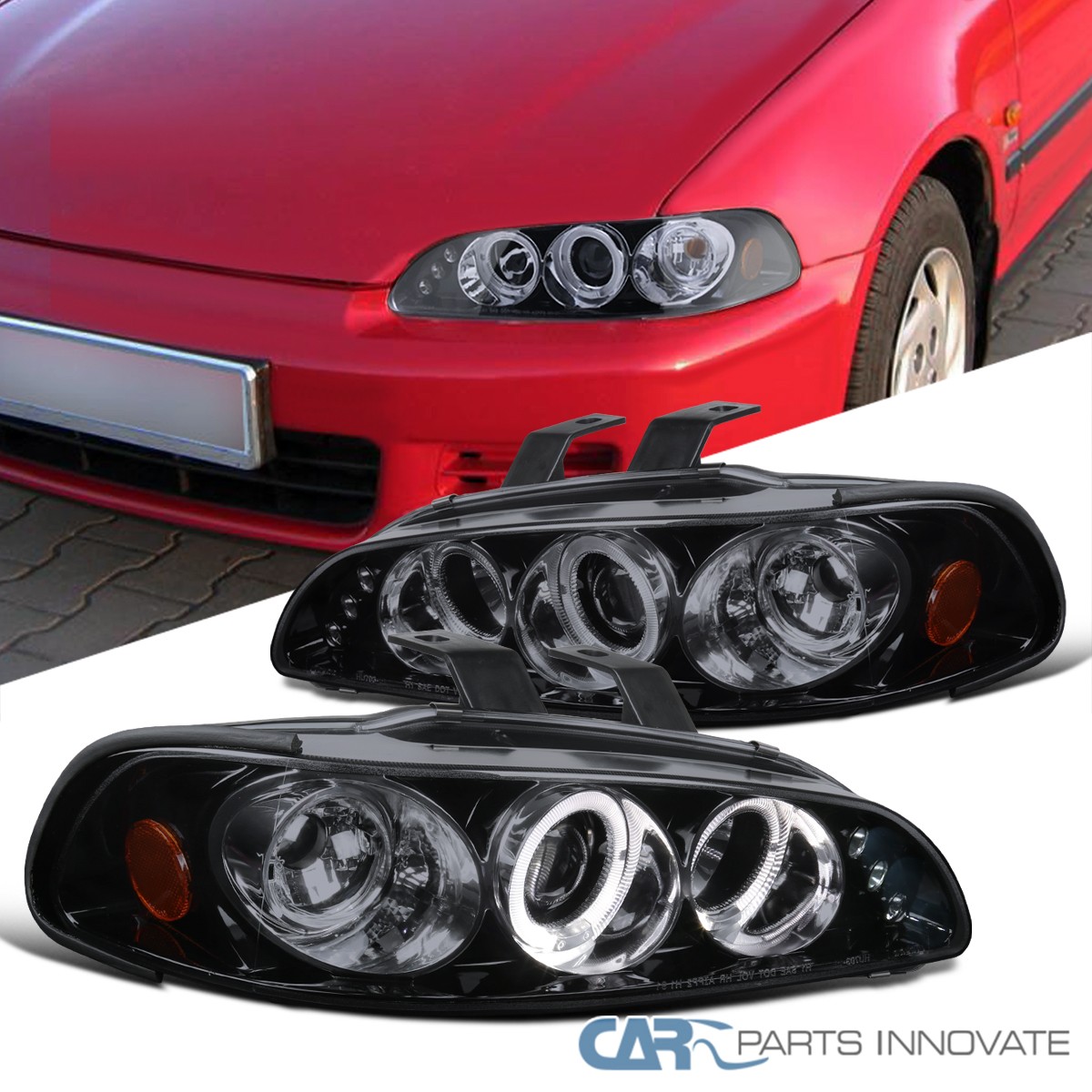 Fits 92-95 Honda Civic 2/3/4Dr Glossy Black Smoke LED Halo