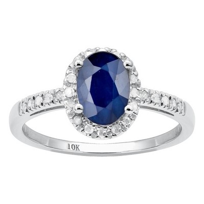 10k Solid White Gold Oval Sapphire and Diamond Halo Ring