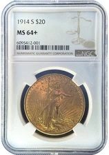 1914-S $20 Augustus Saint St. Gaudens Double Eagle MS64+ Rare Gold Coin 1914S