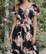 Nine West Floral Midi Dress Small Pink Black Short Sleeve Smocked Waist Chic NWT