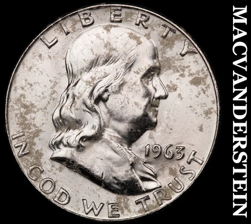 1963-D Silver Franklin Half Dollar - Splotchy  Choice Gem Brilliant Unc  #G8240