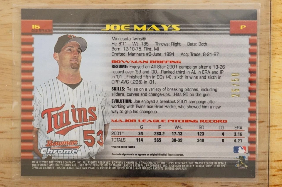 Joe Mays 2002 Bowman cromo oro refractor 25/50 #16 Minnesota Twins Foto 2 de 2