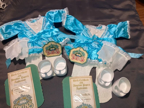 Vintage Cabbage Patch Kids/Doll Clothes Blue Twin Girls Outfits, Tags, Birth Cer