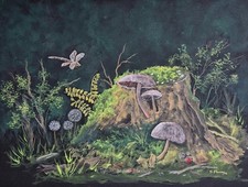 Woodland dragonfly Nature painting original inktense gouache  black paper forest