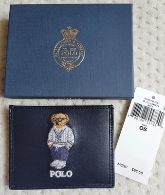 NWT Polo Ralph Lauren Embroidered BEAR Blue Leather Card Case GIFT