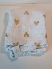 Cloud Island Baby Blanket White Gold Hearts Swaddle Muslin Soft 48x42 NWOT
