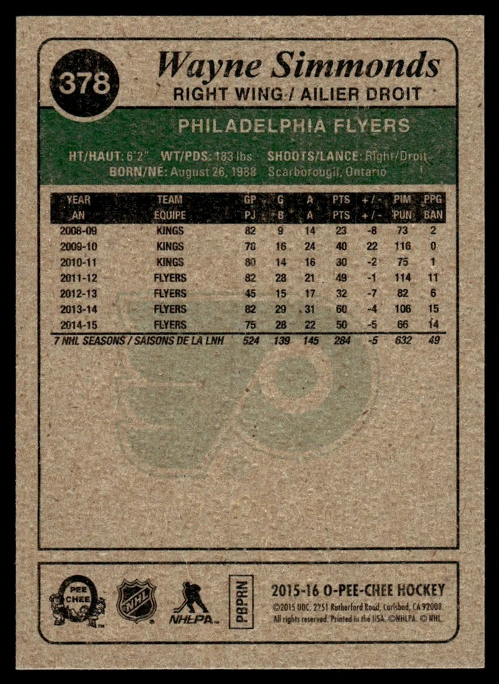 2015-16 O-Pee-Chee Retro Wayne Simmonds Philadelphia Flyers #378 - Image 2 of 2