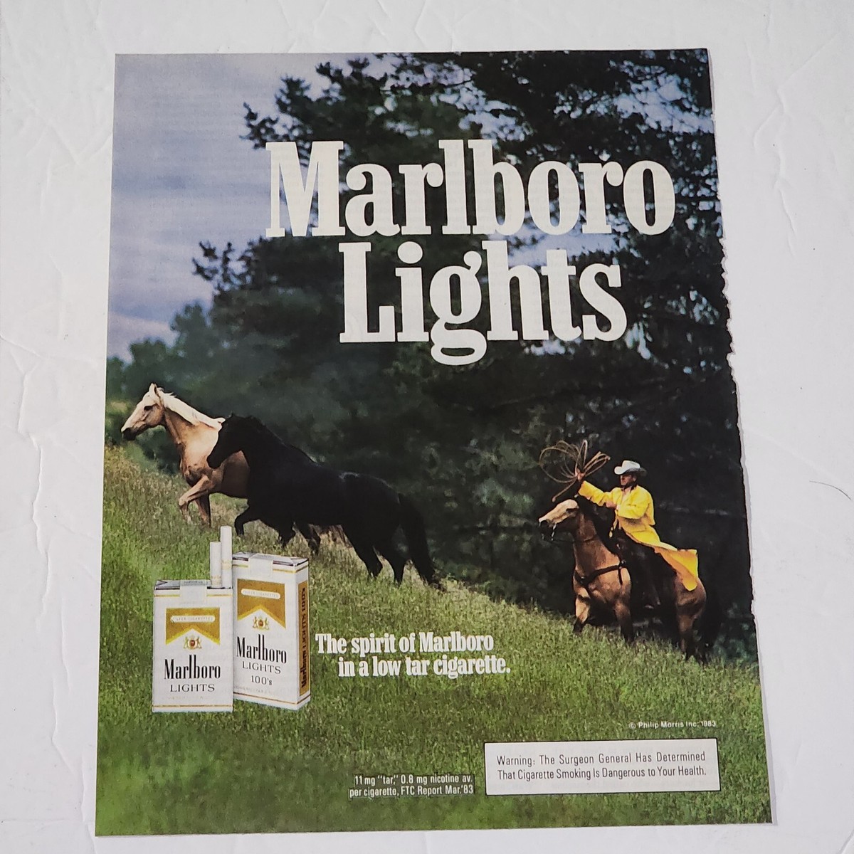 Vintage Print Ad Marlboro Lights cigarettes cowboy horses trees