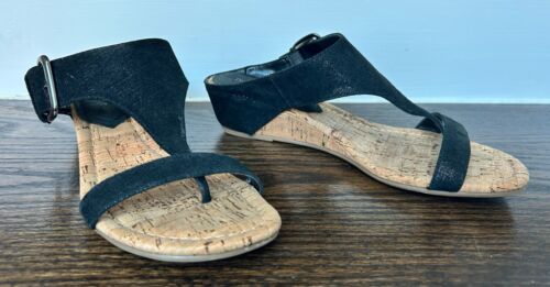 Donald Pliner Donni Black Leather Mini Wedge Cork Sandals - Size 7.5
