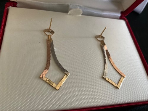 14k Tricolor Gold Herringbone Dangle Earrings 1.5”L 1.4g - Picture 7 of 14