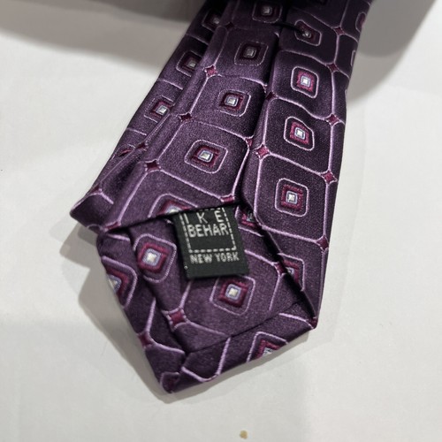 NWT IKE BEHAR Men's 100% Silk Geometric Pattern Tie Plum Necktie NEW Retail $57 - Picture 5 of 7