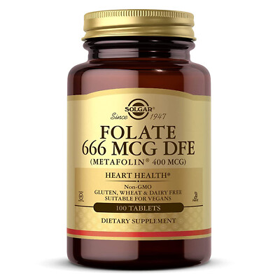 Solgar Folate 666 MCG DFE (Metafolin 400 MCG), 100 Vegan Tablets