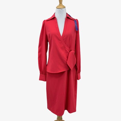 Elie Tahari Dress Womens 4 Strawberry Crepe Tie Waist Collared Side Zip  Surplice | eBay
