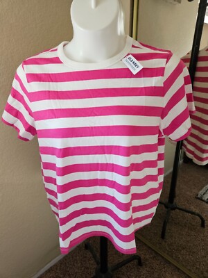 BRAND NEW: Women's OLD NAVY Size XL Hot Pink and White Striped Short Sleeve Tee