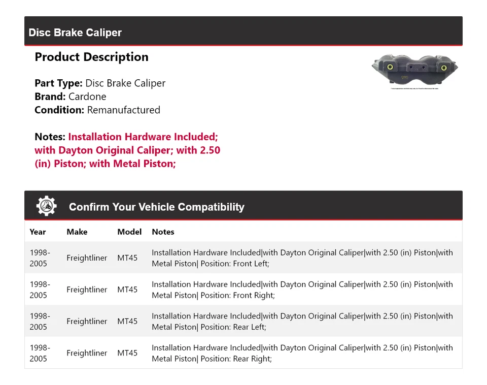 Pinza de freno de disco Cardone para Freightliner MT45 1998-2005 1999 2000 2001 2002 Foto 2 de 3