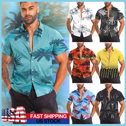 Hawaiianisches Hemd Herren Kokosnussbaum Druck Strand Urlaub Aloha Party kubanischer Kragen - Bild 1 von 48