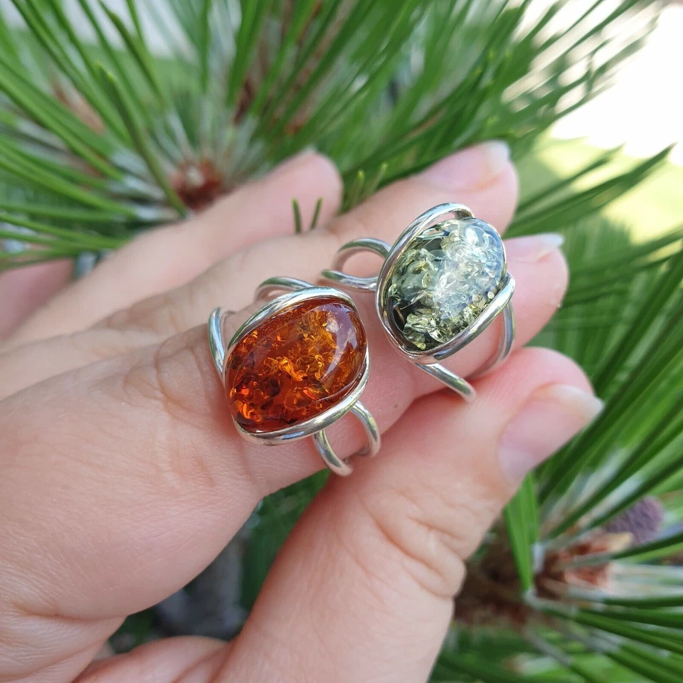 Anello in ambra regolabile in argento sterling 925 verde ambra baltica... - Immagine 2 di 4