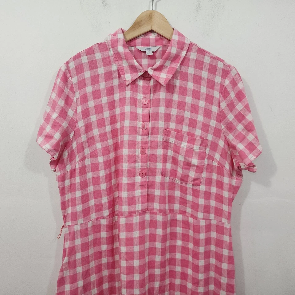 Croft & Barrow Gingham Linen Short Sleeve Midi Dress Pink White Check Size L - Image 4 of 4