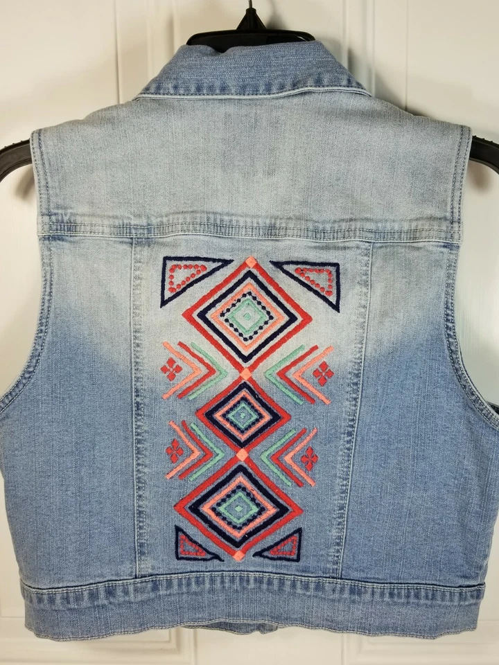 Chaleco Jean Vaquero Takara Gitano Dije Botón Frontal Bordado Jóvenes Niñas Talla Grande Foto 4 de 4