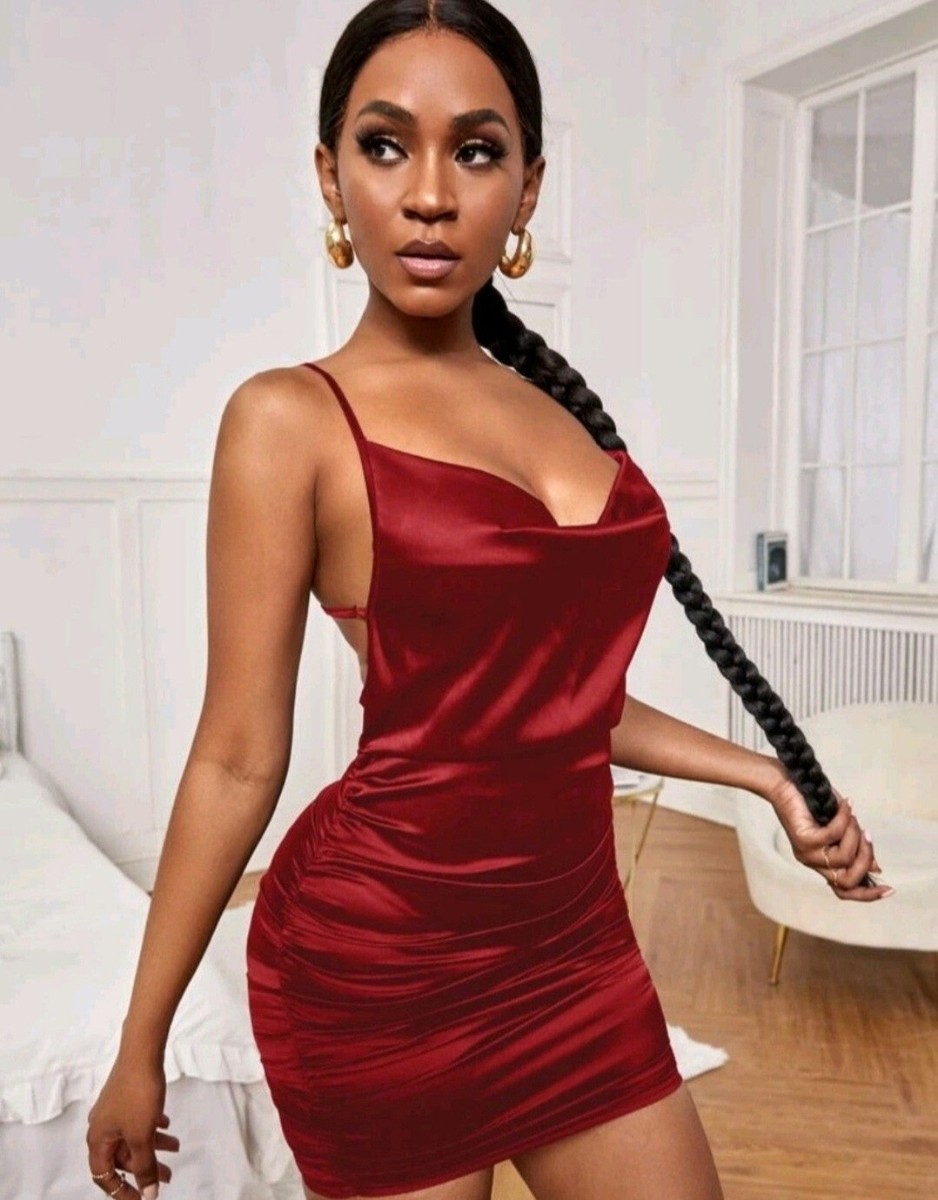 Red Draped Collar Ruched Satin Bodycon Dress. Size M(6) | eBay