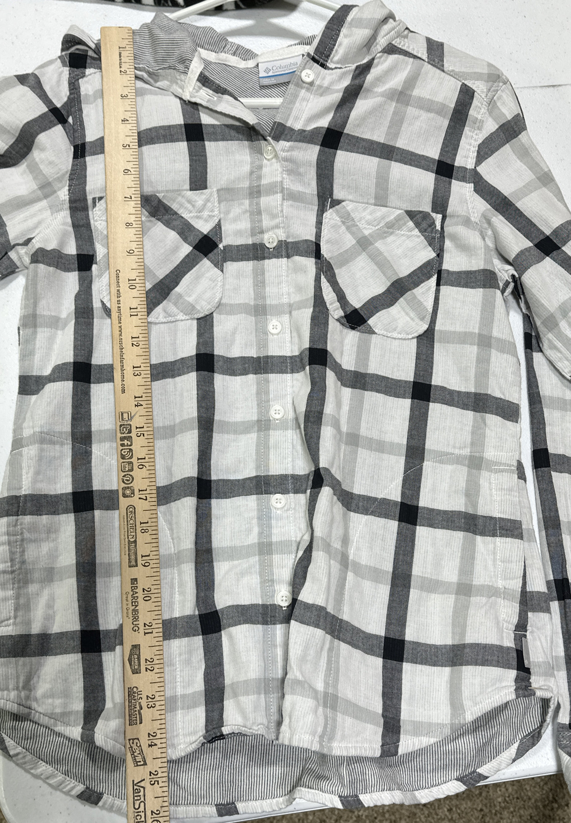 Columbia Hooded Shirt Women XS Extra Small Gray Plaid Flannel Button Long Sleeve