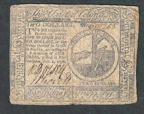 1776 $2 CONTINENTAL CURRENCY COLONIAL NOTE ~ CC-47 ~ BOLD SIGNATURES