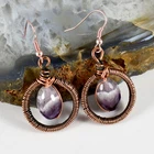 Facet Amethyst Crystal Dangle Earrings Antiqued Copper Wire Wrapped Gemstone
