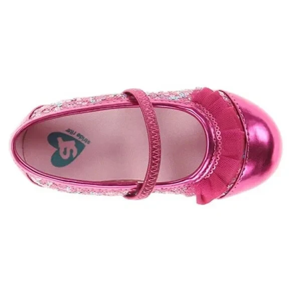 NUEVO Stride Rite Kid Quinn Magenta Azul Lentejuelas Metálicas Volantes Vestido Zapato Plano Foto 4 de 4
