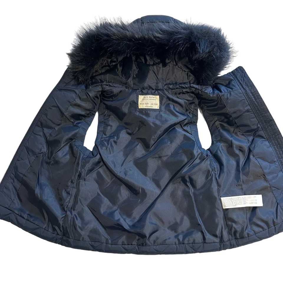 NWOT Zara Girl Navy Puffer Vest Hooded Detachable Faux Fur Trim 5-6 - Image 4 of 4