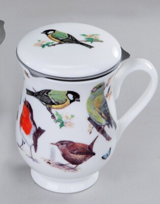 Roy Kirkham Tasse Garden Birds Motiv 1 Teetasse mit Sieb +Deckel Fine Bone China